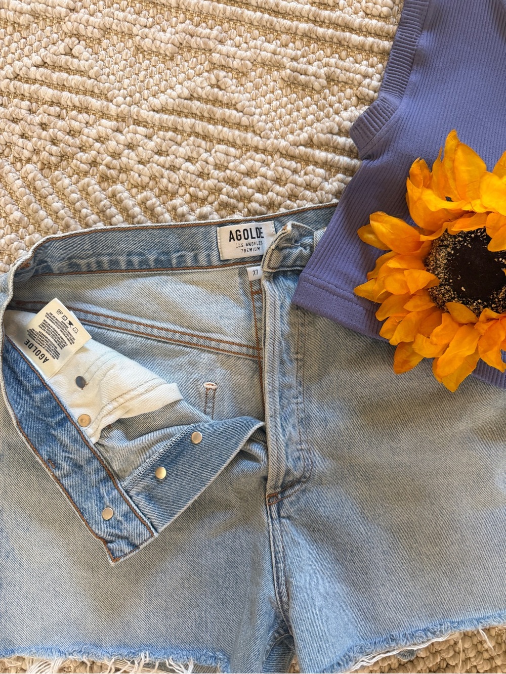 AGOLDE brand Light Wash Frayed Hem Denim Shorts - Picture 2 of 5